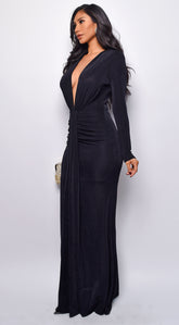Leilani Metallic Ruched Deep V Maxi Dress - Black